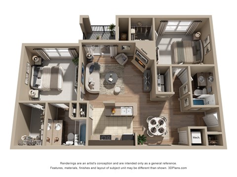 Floor plan for 2 beds, 2 baths, 1057 sqft